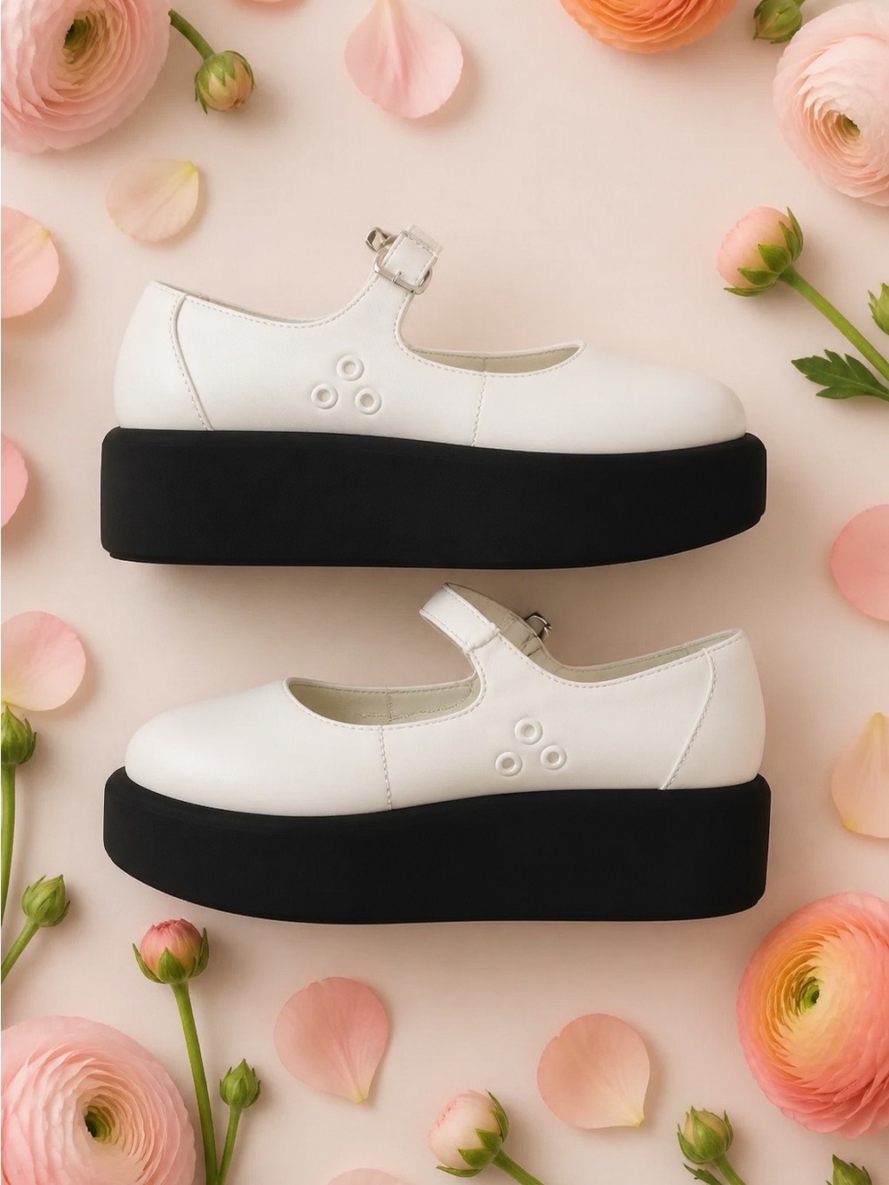 White Leather Mary Jane Platform Shoes w/Eyelet Design & Classic Strap 7.5 (38)